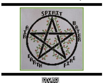 Cross Stitch Pattern PDF emailed Elemental Pentagram Wicca Wiccan Witch Water Fire Air Earth Pagan Altar Cloth art embroidery needlework 301