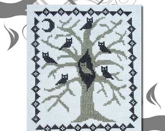 Cross Stitch Pattern PDF emailed Halloween Owl Hollow tree embroidery needlework 101