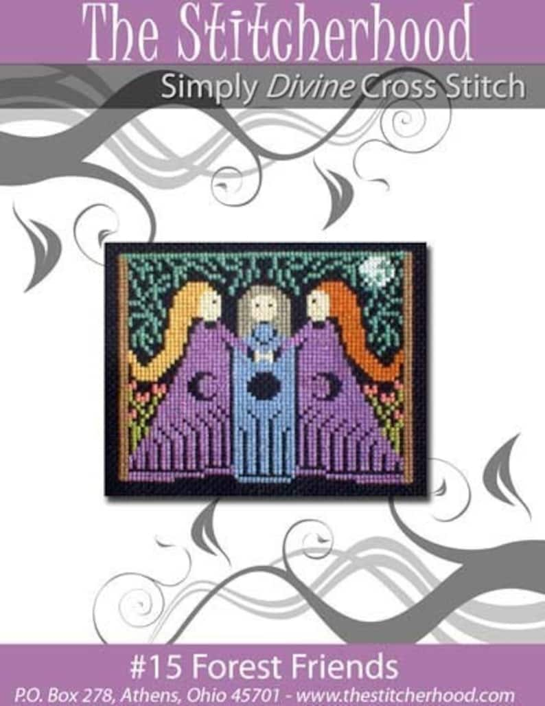 Cross Stitch Pattern PDF emailed Women Forest Wicca Triple Moon Witch Pagan Forest Friends needlework embroidery 15 image 1