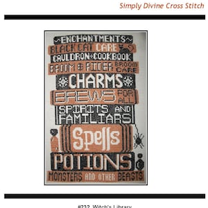Cross Stitch Pattern PDF emailed Halloween Witch&#39;s Library Books autumn decor charm Pagan Wicca Wiccan spell embroidery needlework decor 232