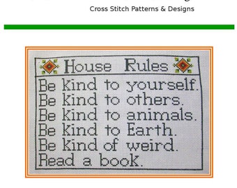 PDF Emailed Cross Stitch Pattern House Rules Funny Snarky Family Design Be Kind kids read a book teacher classroom Embroidery Needlework 279