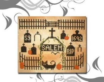 Cross Stitch Pattern PDF emailed Primitive Halloween Salem semetary autumn Decor Ghost Holiday  cemetery needlework embroidery 8