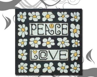 Cross Stitch Pattern PDF emailed Retro vintage 60's Hippie Peace Love Daisy flowers embroidery needlework 68