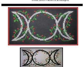 Cross Stitch Pattern PDF emailed Triple Moon Moons & Blooms Wicca Pagan Witch Wiccan alter cloth embroidery spell magic art needlework 295