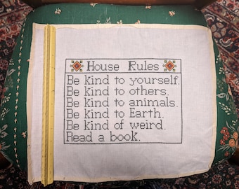 RESERVED for ALLIE KAT - finished, completed "House Rules" cross stitch designed and stitched by The Stitcherhood
