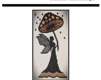 PDF Emailed Cross Stitch Pattern Rainy Day fairy using a mushroom as an umbrella Wicca Wiccan kids decor whimsical fun design Embroidery 376