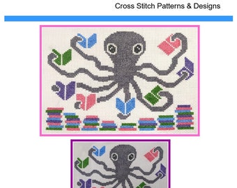 Cross Stitch Pattern PDF emailed BibliOctopus Octopus Reading Books Nautical Funny Whimsical Animal Beach Decor Library kids embroidery 360