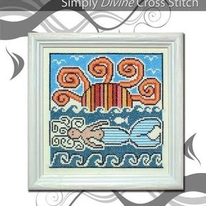 PDF Emailed Cross Stitch Pattern Sunbathing Mermaid Beach Ocean Sun Nautical Design Embroidery Needlework 1