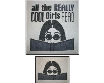 cross stitch pattern PDF emailed whimsical girl power Cool Girls Read literature lover library decor art book embroidery needlework cool 235