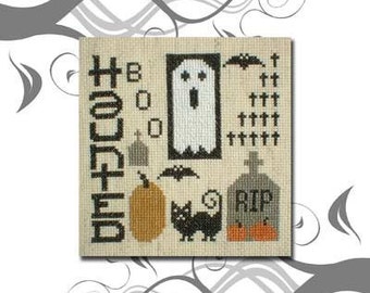 Cross Stitch Pattern PDF emailed Primitive Halloween Ghost Graveyard pumpkin Haunted Needlework Embroidery 77