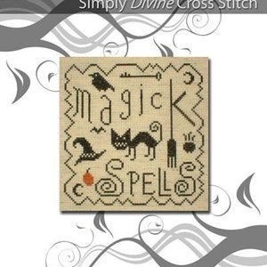 PDF Emailed Cross Stitch Pattern Magic Spells Halloween Decor Holiday Primitive Prim Black Cat Witch Hat art Design Embroidery Needlework 44
