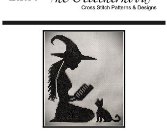 Cross Stitch Pattern PDF emailed Cat Tales witch reading a book to a kitten Wicca Wiccan Halloween decor library embroidery needlework 354