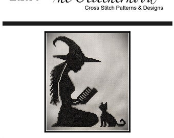 Cross Stitch Pattern PDF emailed Cat Tales witch reading a book to cat kitten Wicca Wiccan Halloween decor library embroidery needlework 354