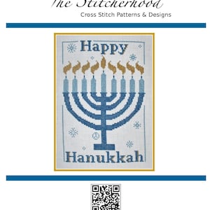PDF Emailed Cross Stitch Pattern Happy Hanukkah Jewish Winter Holiday Menorah Design Embroidery Needlework Candles Celebration art Snow 316