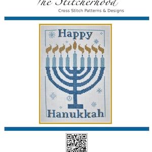 PDF Emailed Cross Stitch Pattern Happy Hanukkah Jewish Winter Holiday Menorah Design Embroidery Needlework 316