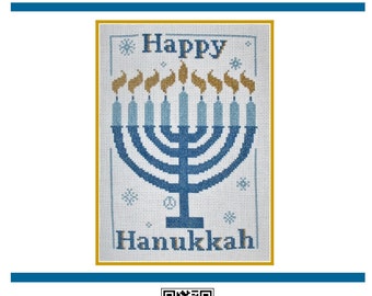 PDF Emailed Cross Stitch Pattern Happy Hanukkah Jewish Winter Holiday Menorah Design Embroidery Needlework Candles Celebration art Snow 316