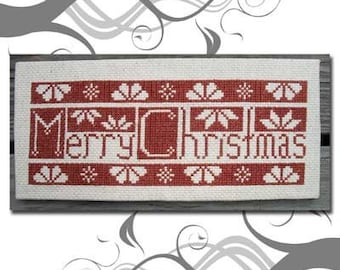 Pode incluir: Um bordado em ponto cruz retangular em tecido off-white com o texto Merry Christmas em linha vermelha. O design inclui motivos florais geométricos vermelhos e bordas. O texto The Stitcherhood Simply Divine Cross Stitch #81 Quaker Christmas P.O. Box 278, Athens, Ohio 45701 - www.thestitcherhood.com é visível.