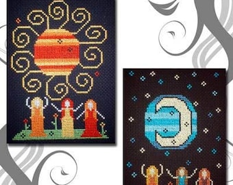 Cross Stitch Pattern PDF emailed Sun Moon Dance Witch Wicca Pagan 2 designs in 1 needlework embroidery 27