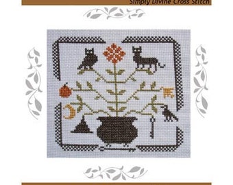 Cross Stitch Pattern PDF emailed Primitive Autumn Urn cauldron Fall Motif Witch owl black cat witch hat decor embroidery needlework 103