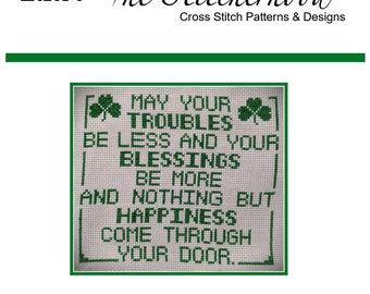 Cross Stitch Pattern PDF emailed Irish Blessing 2 Saint Patrick's Day decor greeting design green shamrock sampler embroidery needlework 356