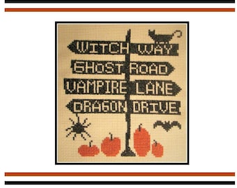 Cross Stitch pattern PDF emailed Halloween town decor embroidery needlework witch pumpkin vampire 167