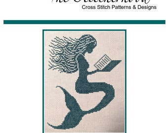 Cross Stitch Pattern PDF emailed Mermaid Tales nautical beach class library reading book ocean kids decor library embroidery needlework 353