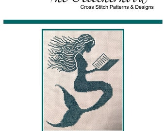 Cross Stitch Pattern PDF emailed Mermaid Tales nautical beach mermaid reading a book ocean fun kids decor library embroidery needlework 353