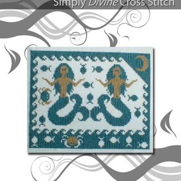 Cross Stitch Pattern PDF emailed Mermaid Nautical Beach Deep Blue Sea ocean fish crab embroidery needlework 67
