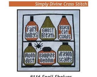 Cross Stitch Pattern PDF emailed Halloween Spell Shelves ghost vampire dragon embroidery needlework 116