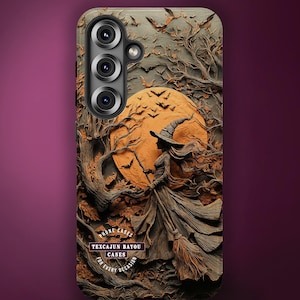 May include: A phone case featuring a textured, relief-style illustration of a witch in a pointed hat holding a broomstick against a large orange moon, surrounded by bare trees and flying bats, with the text Texcajun Bayou Cases for every occasion.
