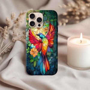 Stained Glass Hummingbird Tough Phone Case, Protective Phone Cover, Hummingbird Art, Hard Shell Case, Shockproof Cover, Bird Phone Case