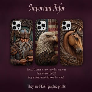 Peut inclure: Trois coques de smartphone avec des impressions graphiques plates. La coque de gauche montre un Viking barbu avec une hache, celle du centre un pygargue &agrave; t&ecirc;te blanche sur un drapeau am&eacute;ricain, et celle de droite un cheval brun. Texte Important Infor.
