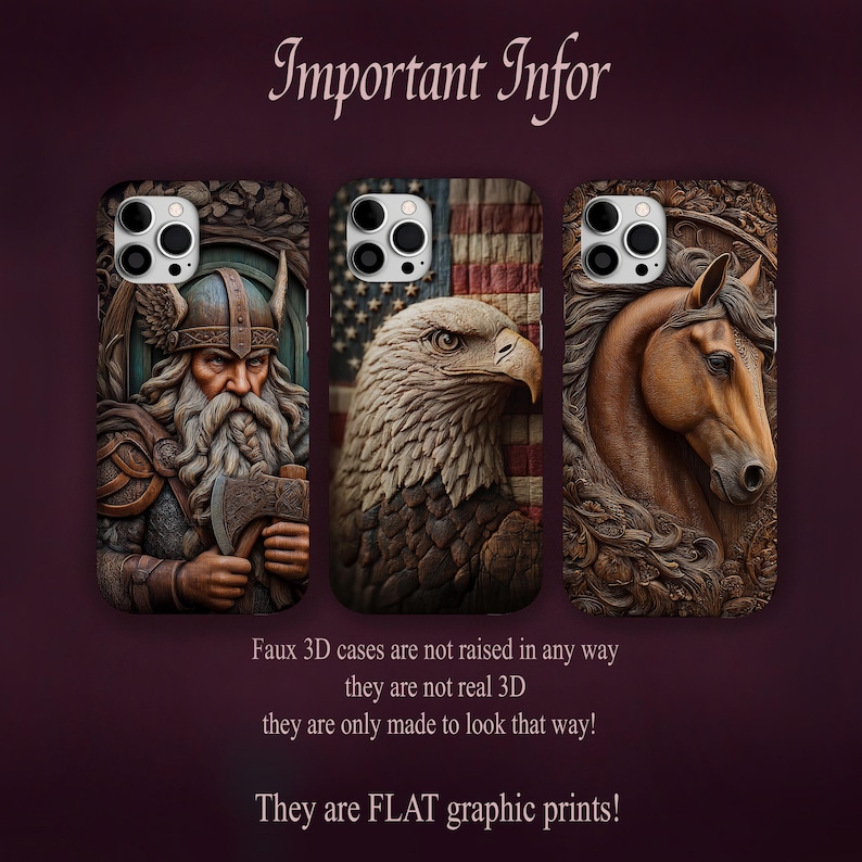 Peut inclure: Trois coques de smartphone avec des impressions graphiques plates. La coque de gauche montre un Viking barbu avec une hache, celle du centre un pygargue &agrave; t&ecirc;te blanche sur un drapeau am&eacute;ricain, et celle de droite un cheval brun. Texte Important Infor.