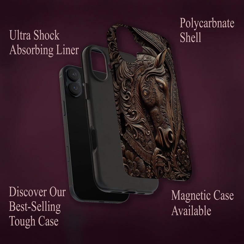 Peut inclure: Une coque de t&eacute;l&eacute;phone sombre avec un motif en relief repr&eacute;sentant une t&ecirc;te de cheval brune et des fleurs. La coque est pr&eacute;sent&eacute;e en couches, montrant une doublure absorbant les chocs et une coque en polycarbonate. Texte : Ultra Shock Absorbing Liner, Polycarbonate Shell, Discover Our Best-Selling Tough Case, Magnetic Case Available.