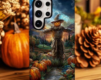 Funda de teléfono con diseño de espantapájaros y vitrales para iPhone 11-16, Samsung S21-S24, resistente, con diseño de calabaza, protector de Halloween