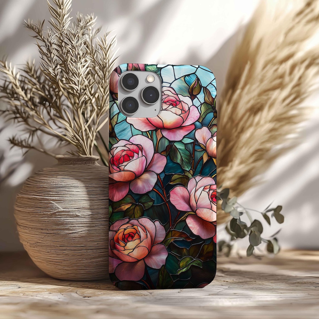 Stained Glass Pink Roses Phone Case, Floral iPhone Cover, Samsung Rose ...