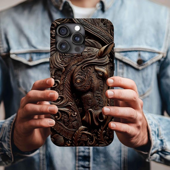Phone Case: 3D Wood Horse Design - Tough Protective Cover