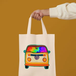 Colorful LGBTQ VW Combi Tote Bag for Travelers and Picnics, Beach Trip Pride, Natural Shoulder Handbag