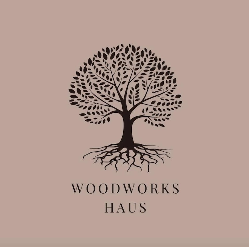 May include: A logo featuring a stylized tree with a full crown of leaves and exposed roots, in a dark brown color. The text "WOODWORKS HAUS" is below the tree on a muted pink background.