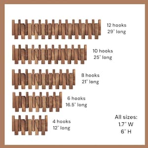 May include: Wooden wall-mounted coat racks with varying hook counts: 12 hooks (29" long), 10 hooks (25" long), 8 hooks (21" long), 6 hooks (16.5" long), and 4 hooks (12" long). All racks are 1.7" wide and 6" high.