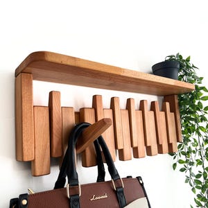 Solid Wood Piano Coat Rack With Shelf, Wooden Coat Hooks, Wall Mounted Shelf Coat Rack, Walnut Colored Rustic Floating Shelf, Wedding Gift Beige