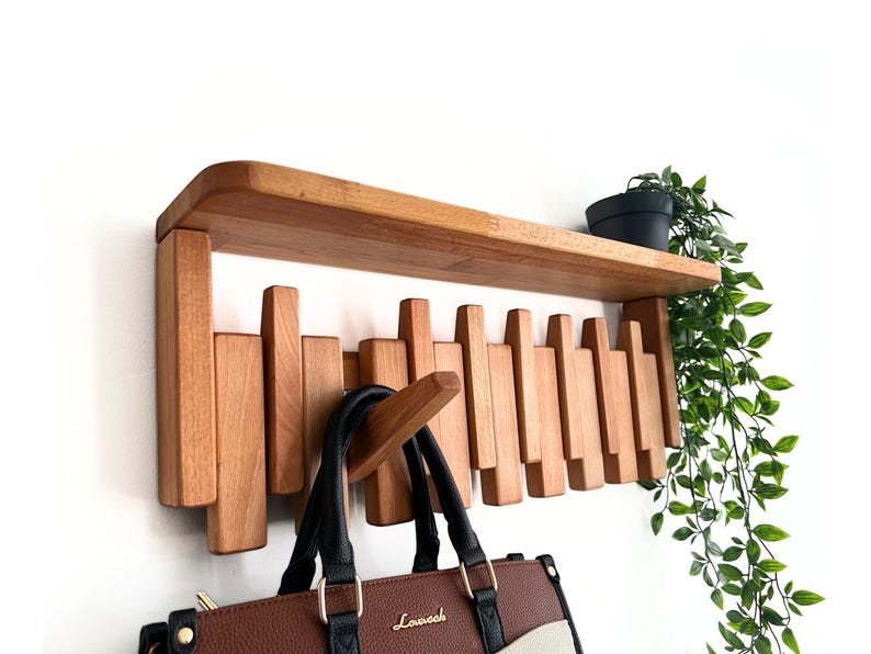 Solid Wood Piano Coat Rack With Shelf, Wooden Coat Hooks, Wall Mounted Shelf Coat Rack, Walnut Colored Rustic Floating Shelf, Wedding Gift Beige
