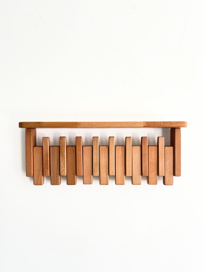 Solid Wood Piano Coat Rack With Shelf, Wooden Coat Hooks, Wall Mounted Shelf Coat Rack, Walnut Colored Rustic Floating Shelf, Wedding Gift image 7