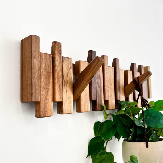 Solid Walnut Wood Piano Coat Rack, Wooden Coat Hooks, Rustic Midcentury Modern Wall Mounted Hat Towel Key Rack, Minimalist Storage Organizer