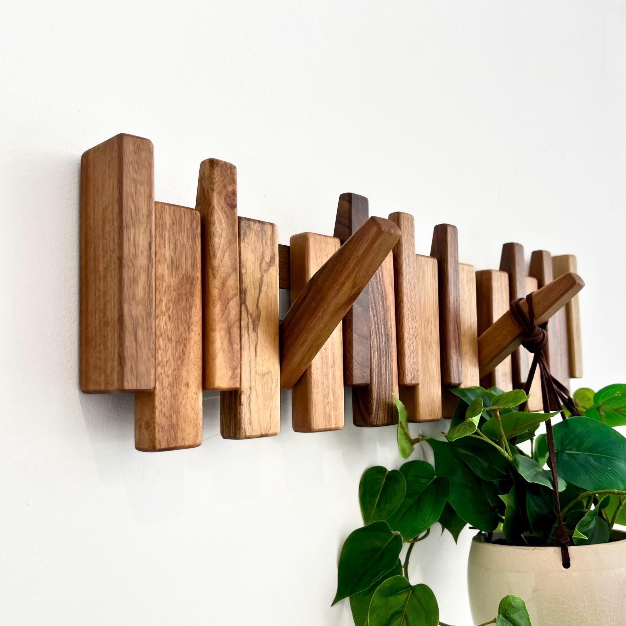 Solid Walnut Wood Piano Coat Rack, Hidden Wooden Coat Hooks, Rustic Mid Century Modern Wall Mounted Jacket Hat Towel & Key Storage Organizer
