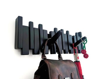 Solid Wood Piano Coat Rack, Black Wooden Hooks, Wall Mounted Entryway Organizer, Minimalist Modern Coat Hanger