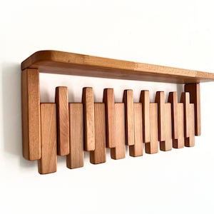 Solid Wood Piano Coat Rack With Shelf, Wooden Coat Hooks, Wall Mounted Shelf Coat Rack, Walnut Colored Rustic Floating Shelf, Wedding Gift image 4