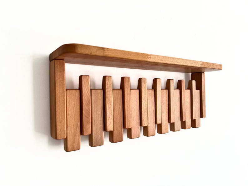 Solid Wood Piano Coat Rack With Shelf, Wooden Coat Hooks, Wall Mounted Shelf Coat Rack, Walnut Colored Rustic Floating Shelf, Wedding Gift image 4