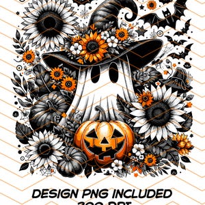 Peut inclure: Graphique sur le thème d'Halloween avec un fantôme portant un chapeau de sorcière orné de tournesols et d'autres fleurs. Le fantôme est entouré de citrouilles, de chauves-souris et de tournesols. Le texte "DESIGN PNG INCLUDED 300 DPI" est en bas.