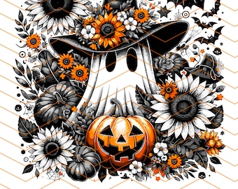 Entzückendes Geister-PNG, Sublimationsdesign zum digitalen Download, Geist mit schwarzem Hexenhut PNG, Halloween-PNG, Geist-PNG, Halloween-Geist-PNG, Kürbis